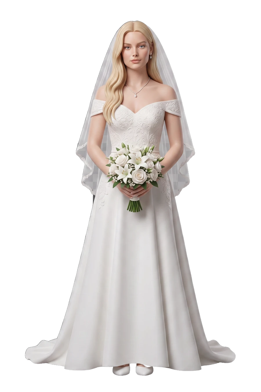Figurine of a bride in a lace dress and veil, holding her bouquet