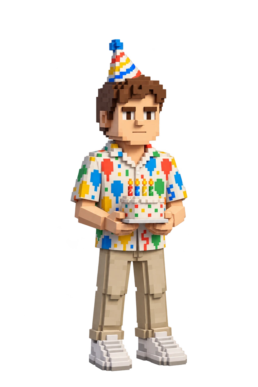 Voxel figurine of a man in a party hat holding a birthday cake
