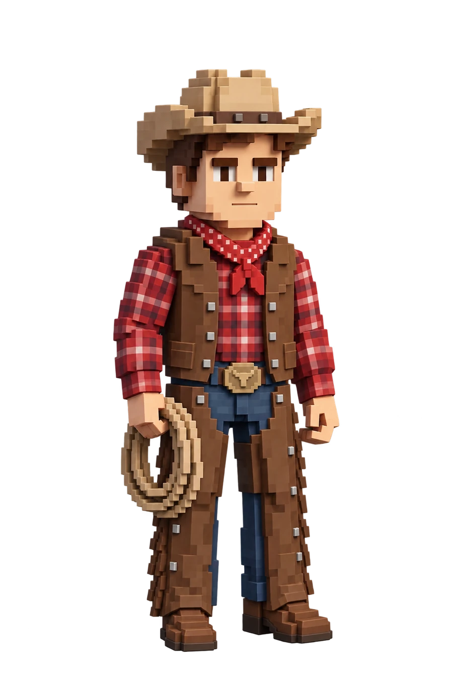 Voxel figurine of a man in a cowboy hat and chaps, holding a lasso