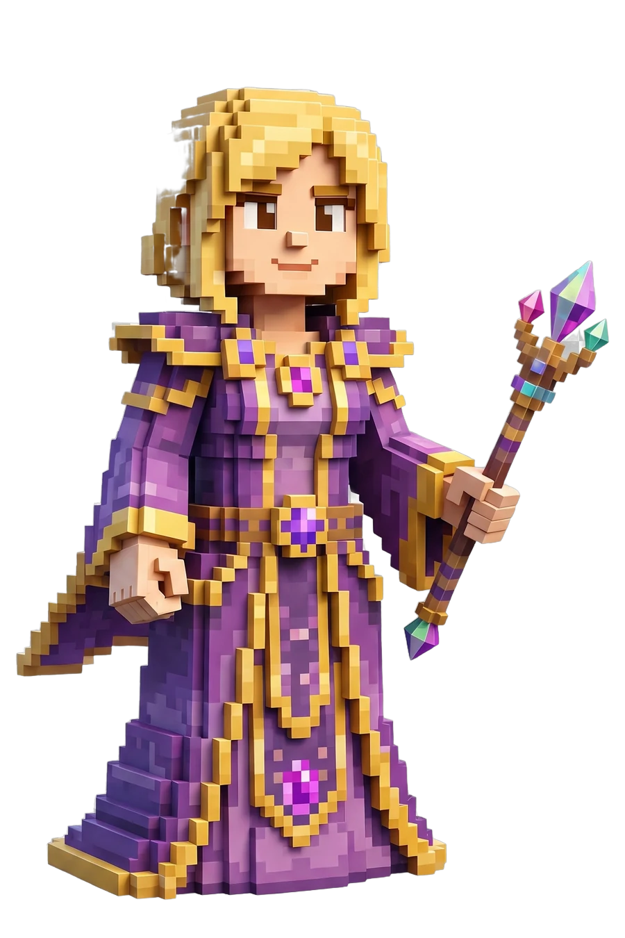 Voxel figurine of a sorceress in a purple and gold robe, crystal wand in hand