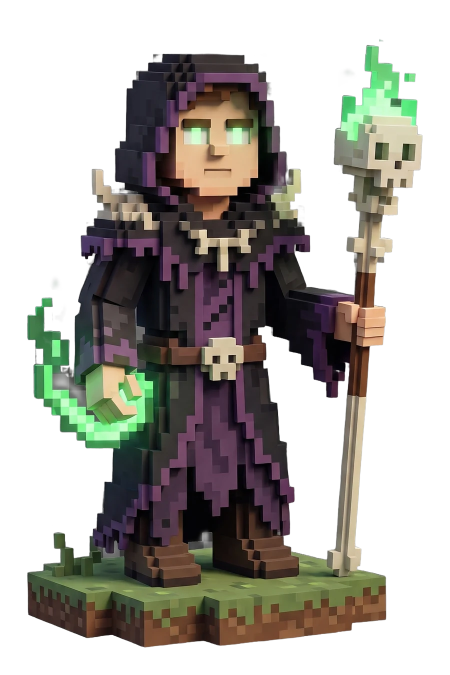Voxel figurine of a necromancer in a hooded purple robe, skull staff in hand