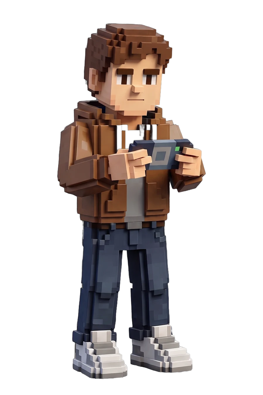 Voxel figurine of a gamer in a brown jacket, controller in both hands