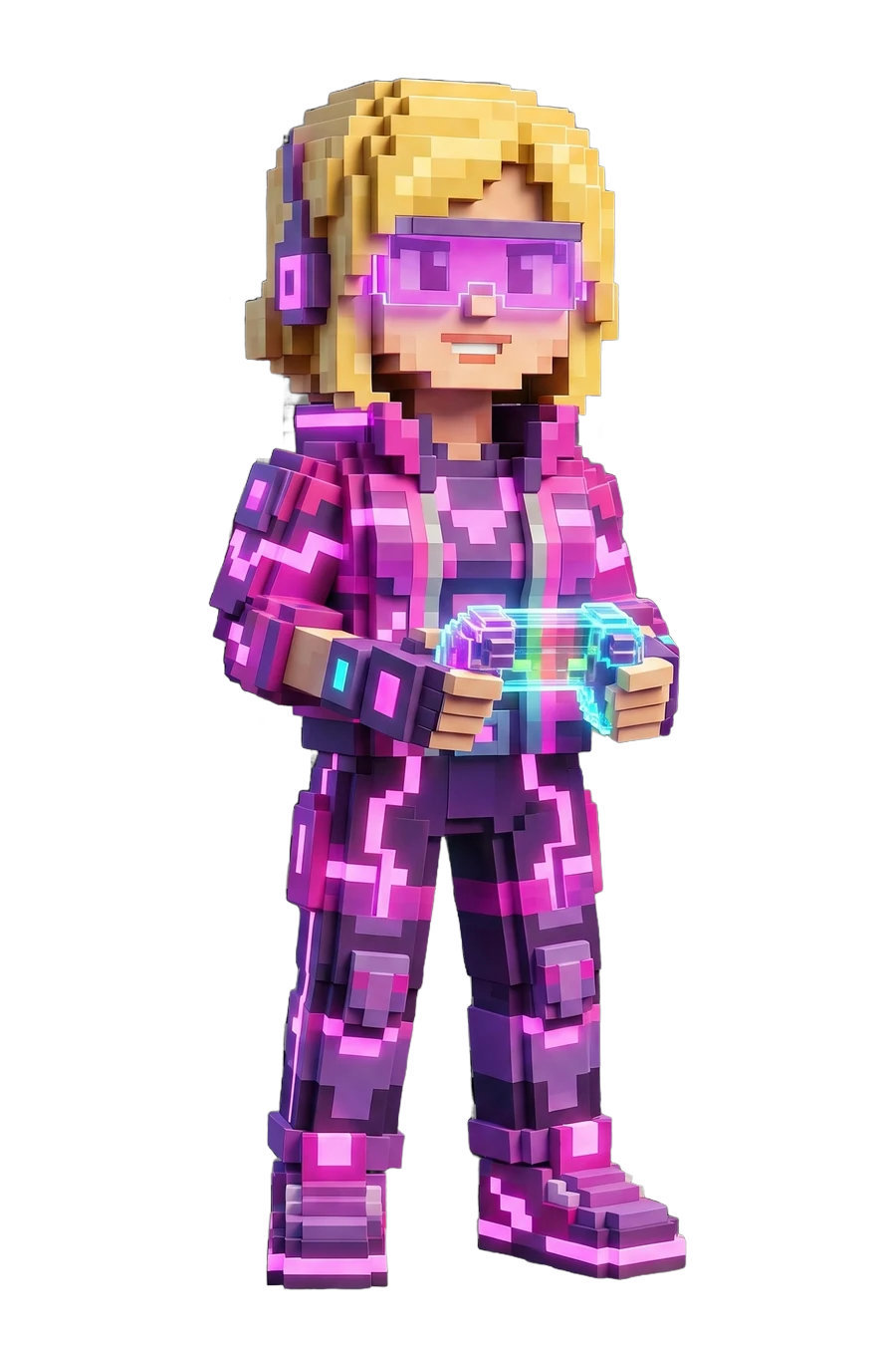 Voxel figurine of a gamer in a magenta suit and visor