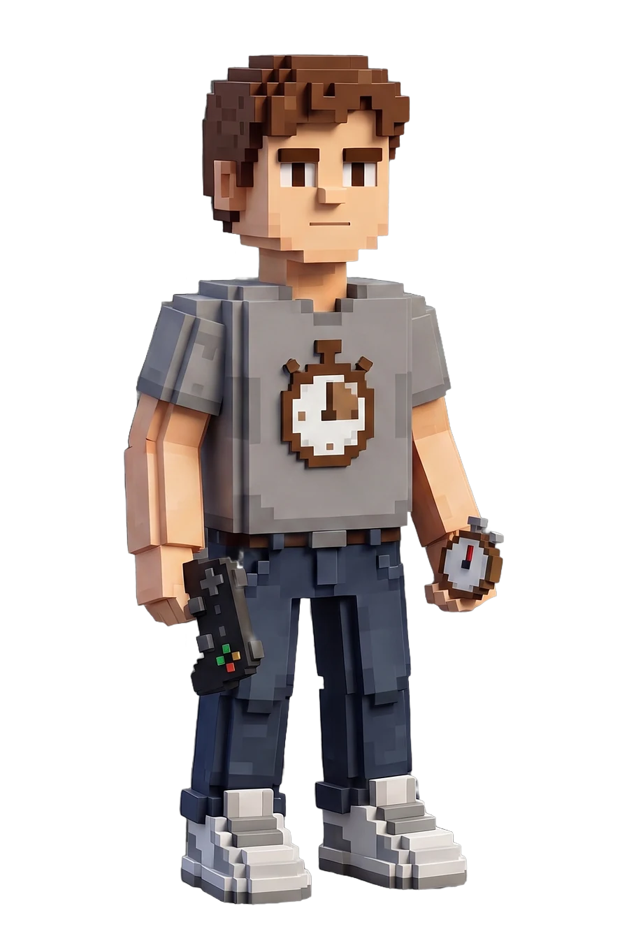 Voxel figurine of a gamer in a grey tee with a stopwatch medal