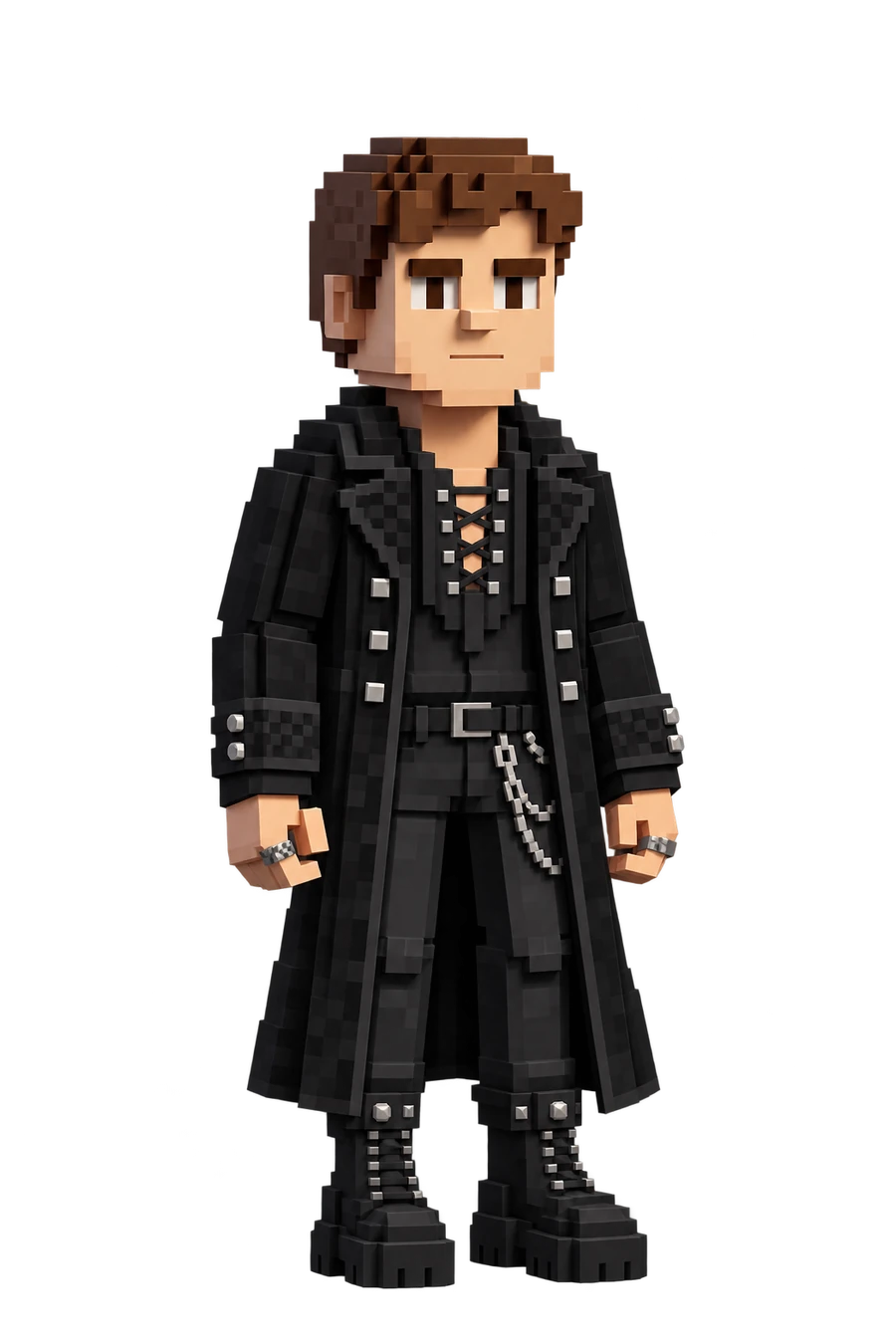 Voxel figurine of a man in a long black velvet coat and platform boots