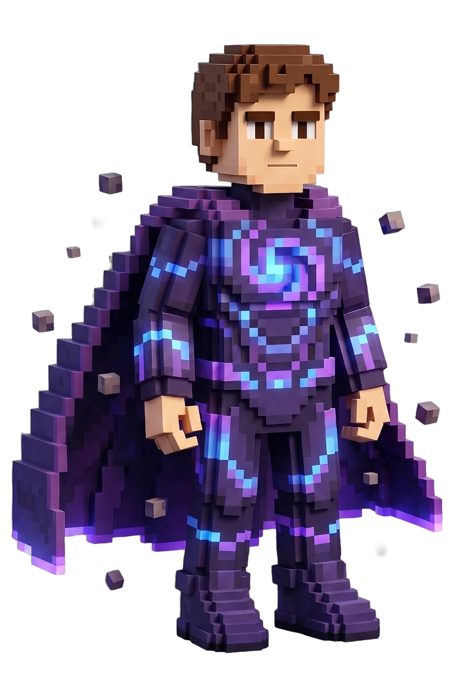 Voxel figurine of a hero in a purple cosmic suit and cape