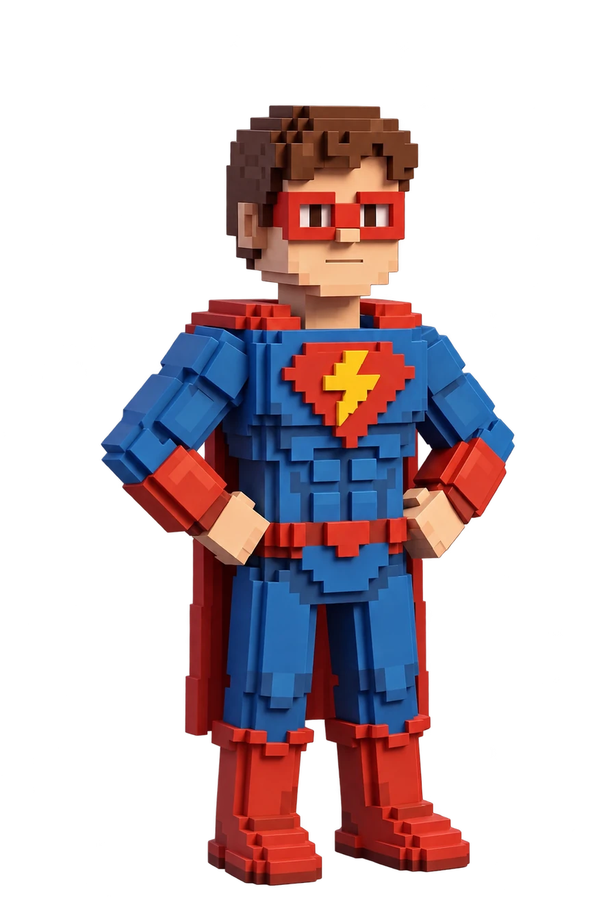 Voxel figurine of a superhero in a blue suit, red cape and mask