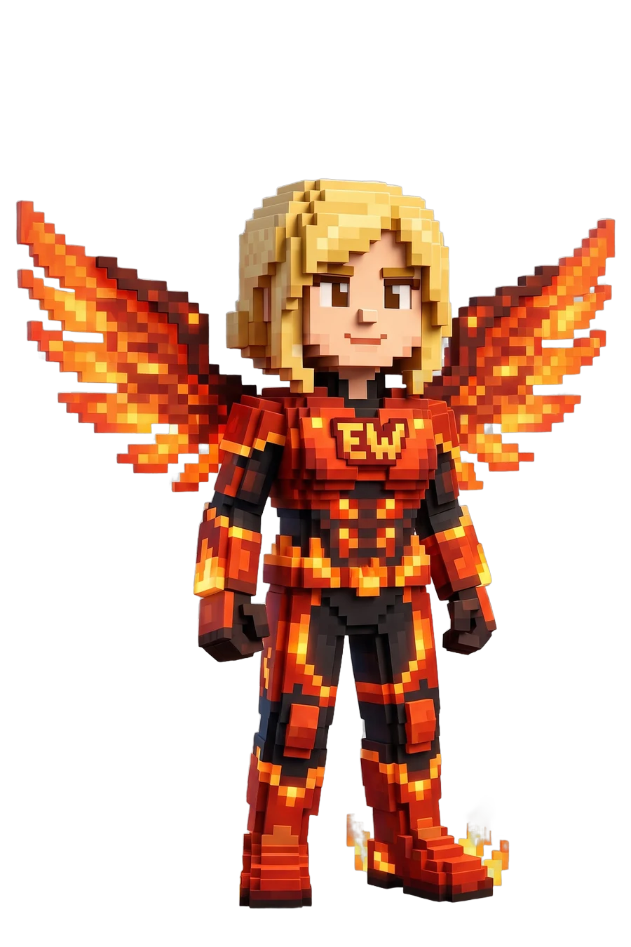 Voxel figurine of a heroine in a fire suit with flaming wings