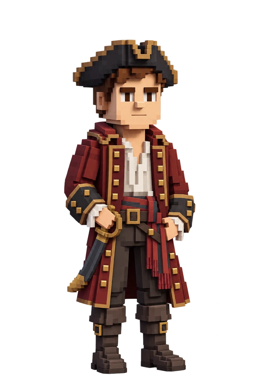 Voxel figurine of a man dressed as a pirate captain, cutlass at his hip