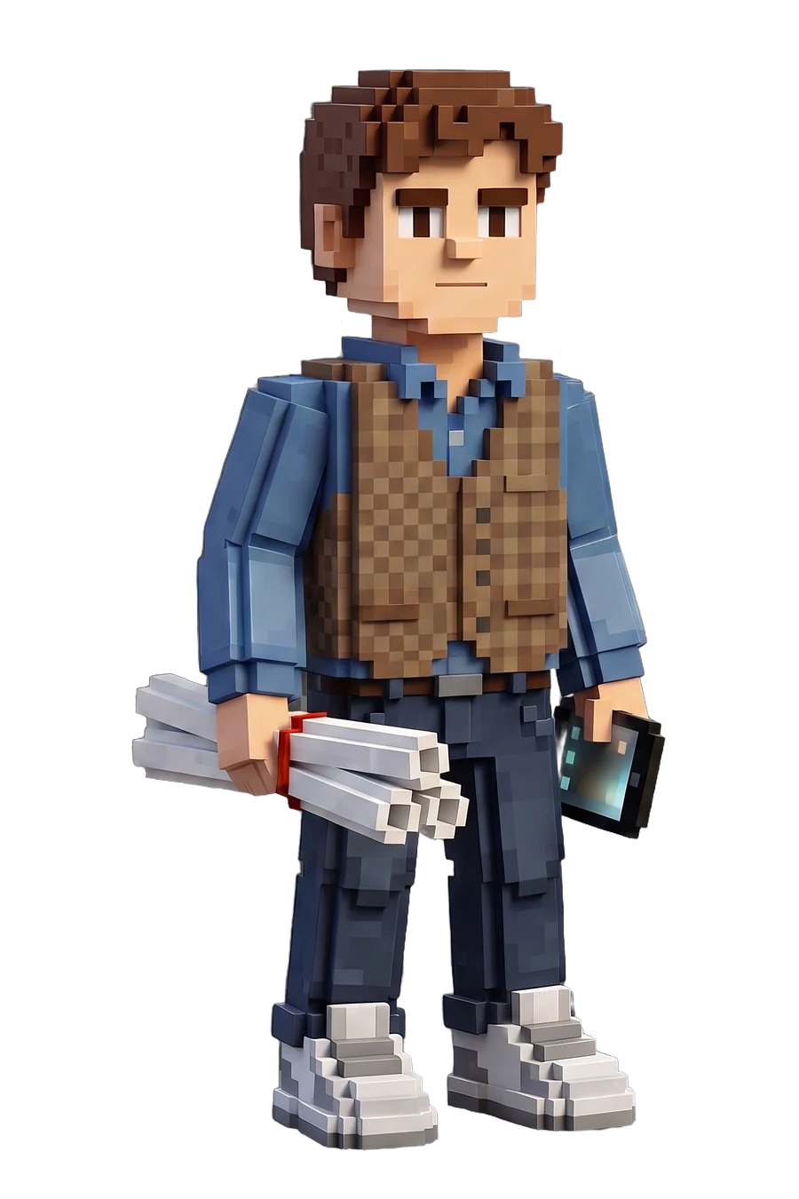 Voxel figurine of an architect in a work vest, rolled plans and a tablet
