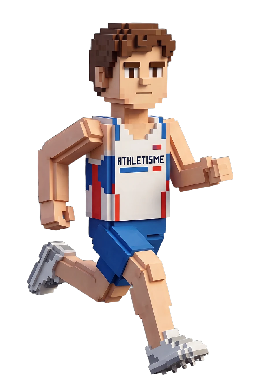 Voxel figurine of a runner in a track vest, caught mid-stride
