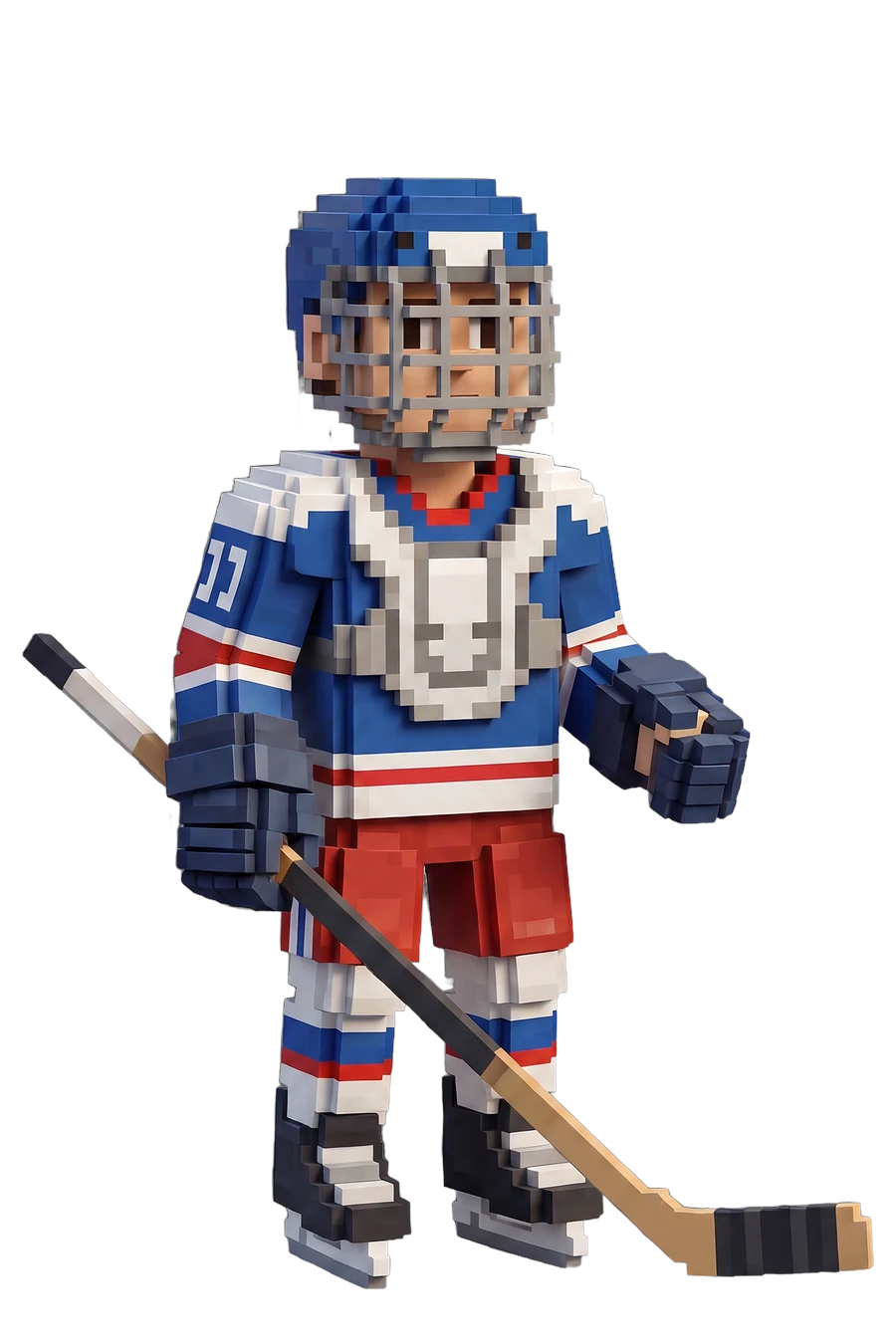 Voxel figurine of an ice hockey player in full pads, stick in hand