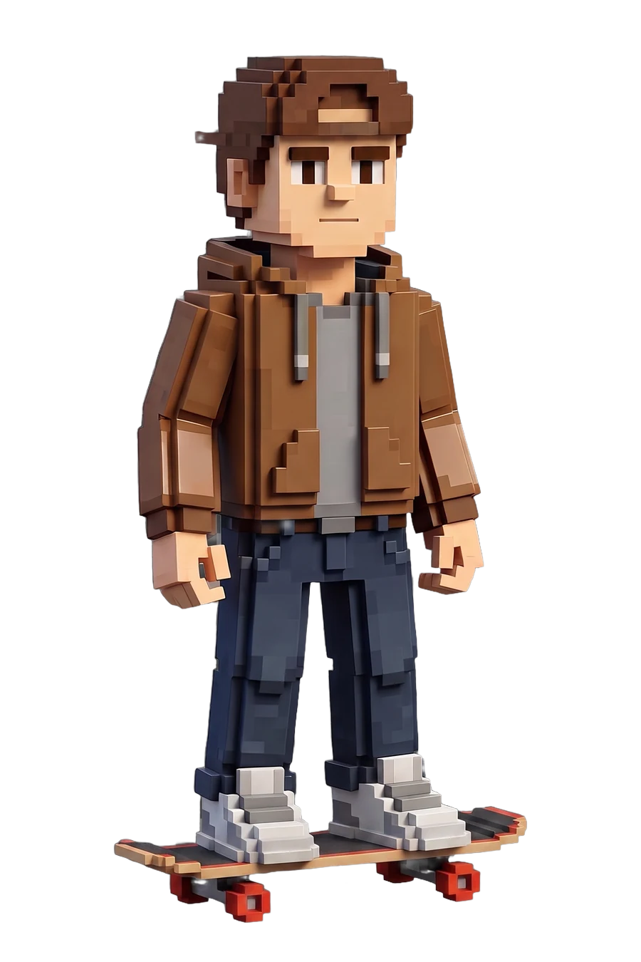 Voxel figurine of a skater in a brown jacket, standing on the board