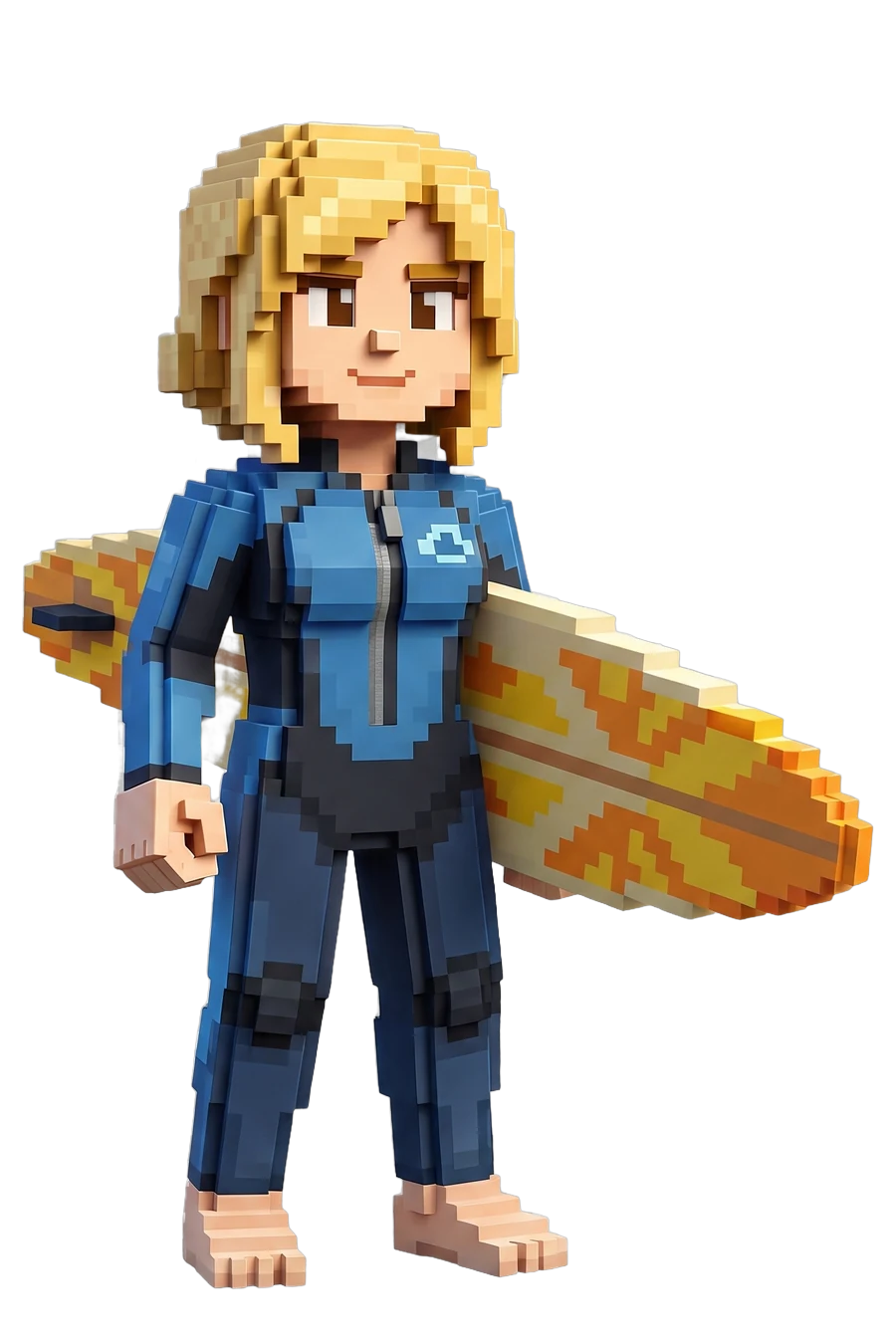 Voxel figurine of a surfer in a wetsuit, board under one arm