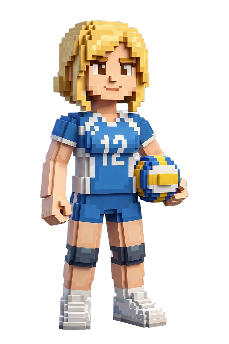 Voxel figurine of a volleyball player in a blue kit, ball on the hip
