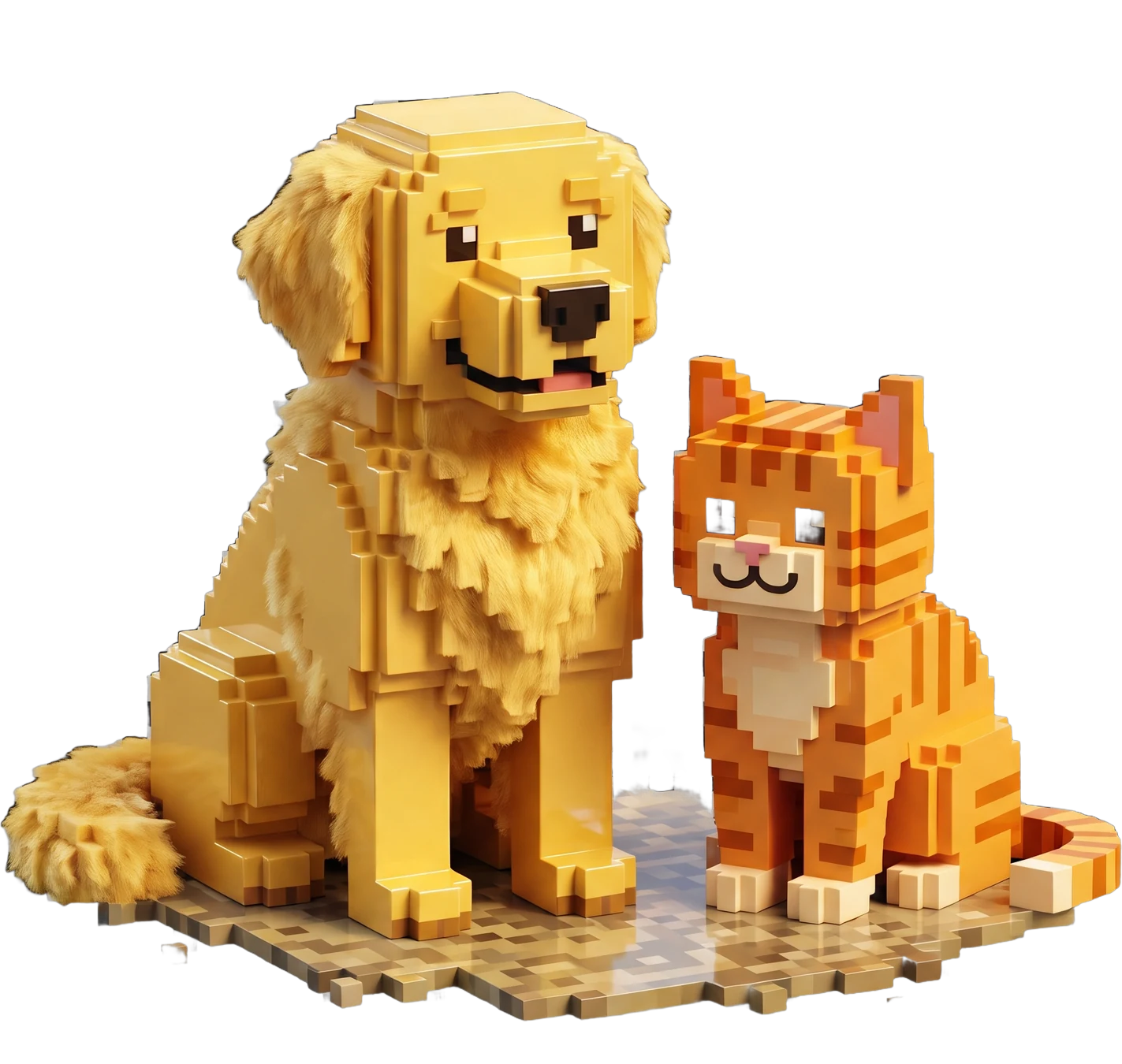 Voxel figurines of a dog and a ginger cat sitting side by side