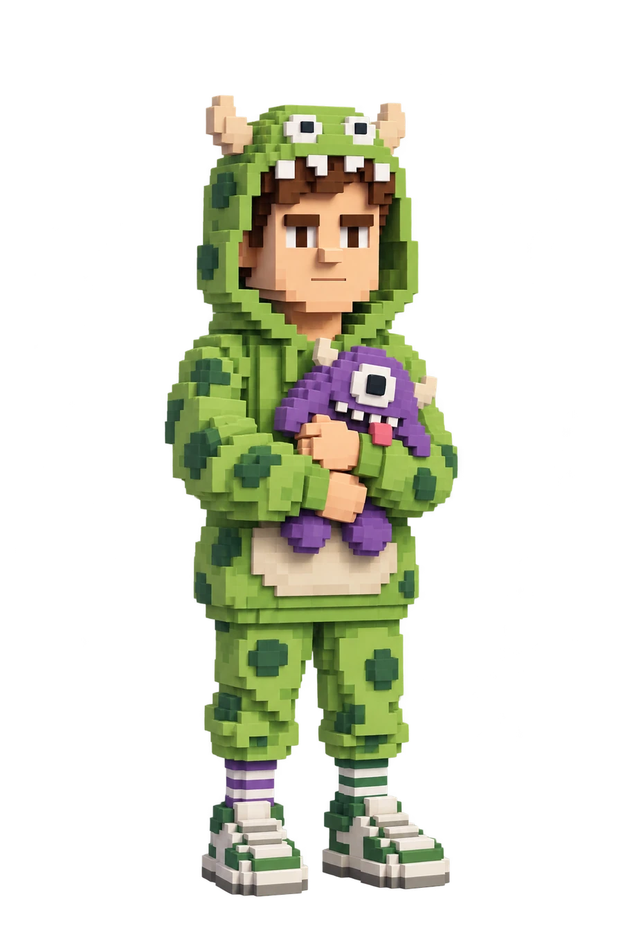 Voxel figurine of a man in a fuzzy monster hoodie, hugging a plush monster