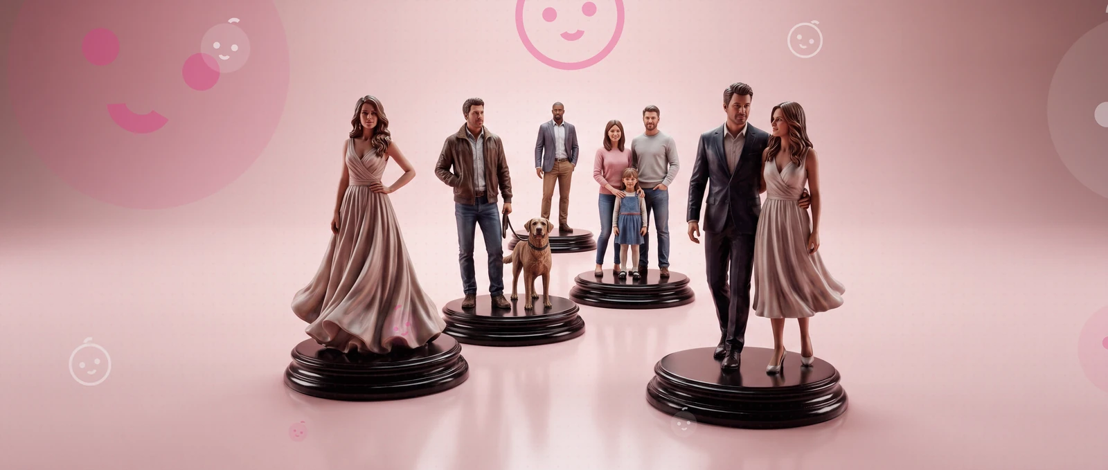Several figurines on their bases: a woman in a long dress, a man with his dog, a family of three, a couple.