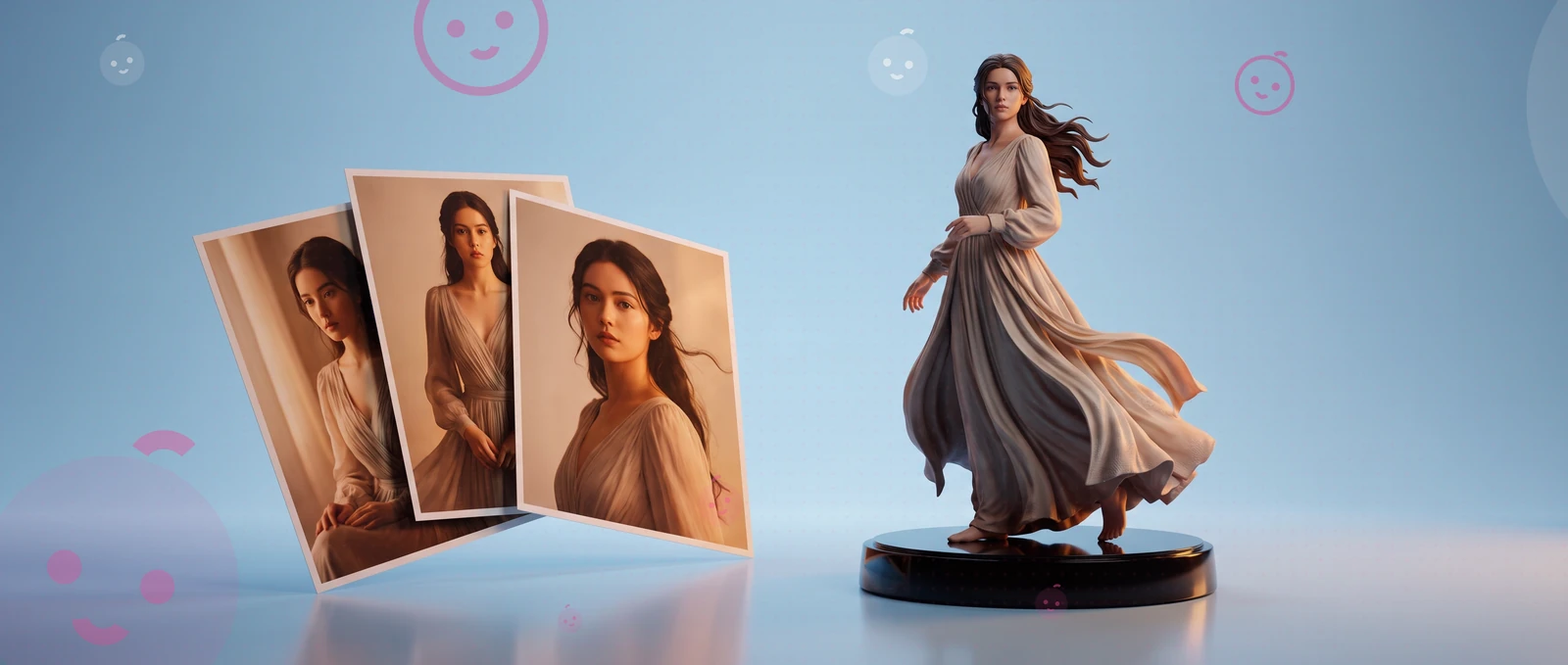 Three photos of the same woman, next to the figurine printed from them.