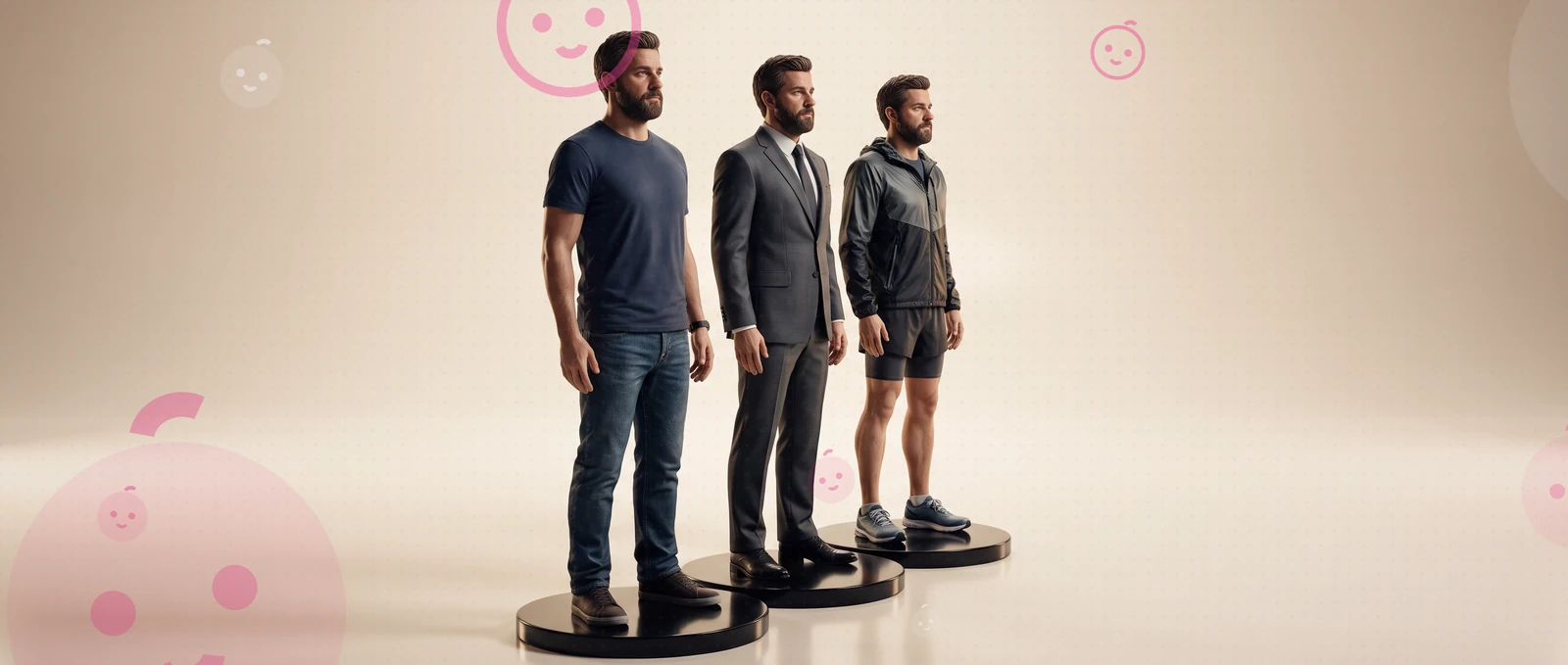 The same man as a figurine three times: t-shirt and jeans, a suit, running gear.